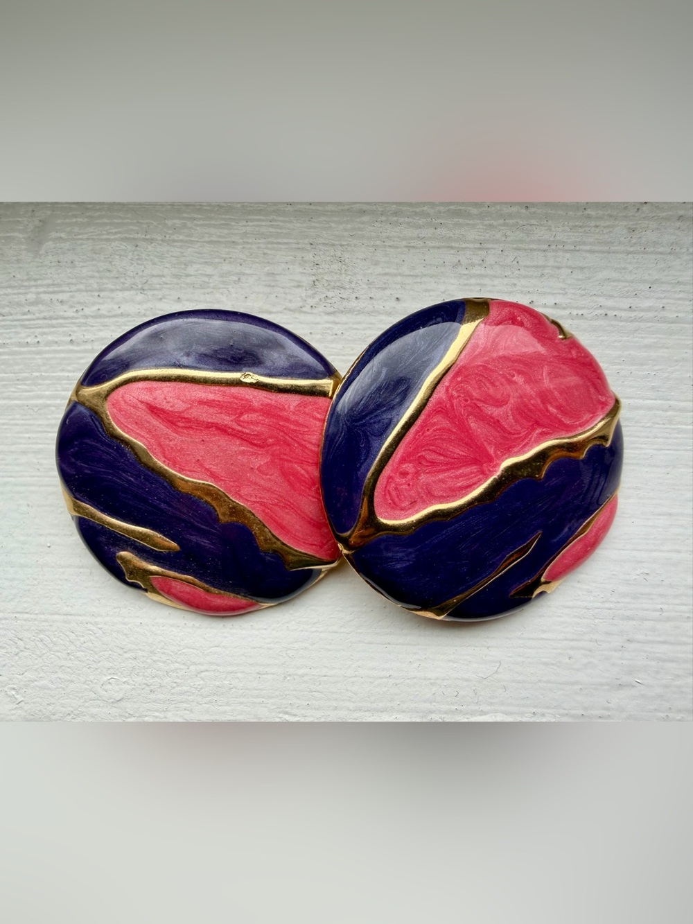 Vintage Pink, Navy and Gold Enamel Disc Earrings